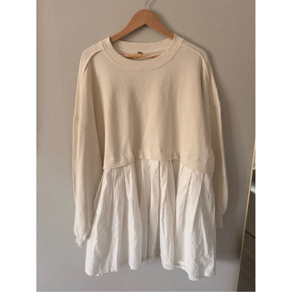 Free People Eleanor Sweatshirt dress Cream pleated skirt heart embroidery NWOT